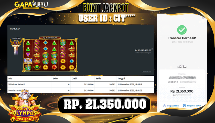 GAPAIJITU JACKPOT SLOT SUPER SCATTER OLYMPUS Rp.21.350.000.,- LUNAS