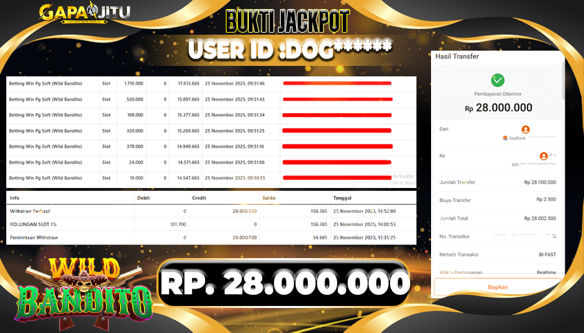 GAPAIJITU JACKPOT SLOT WILD BANDITO Rp.28.000.000.,- LUNAS