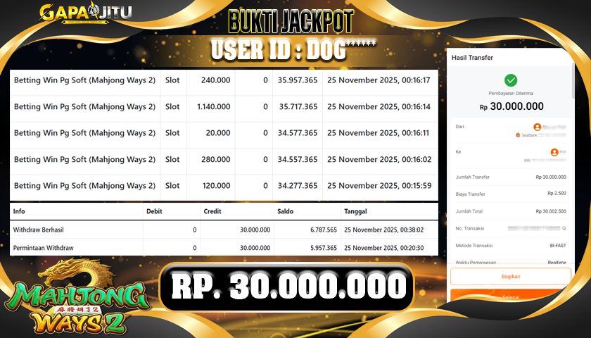 GAPAIJITU JACKPOT SLOT MAHJONG WAYS 2 Rp.30.000.000.,- LUNAS