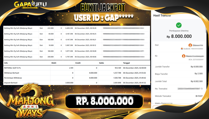 GAPAIJITU JACKPOT SLOT MAHJONG WAYS Rp.8.000.000.,- LUNAS
