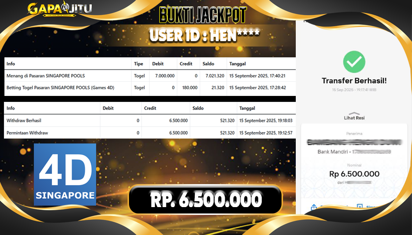 GAPAIJITU JACKPOT TOGEL SINGAPORE POOLS Rp.6.500.000.,- LUNAS
