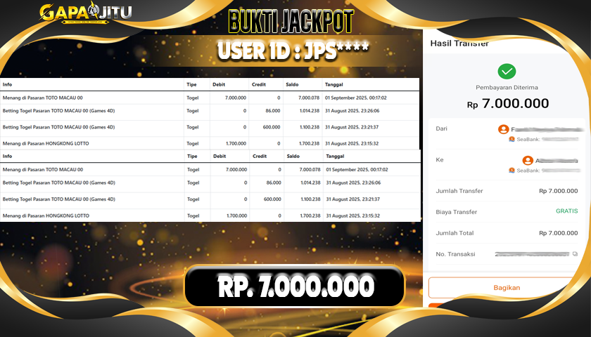 GAPAIJITU JACKPOT TOGEL TOTO MACAU Rp.7.000.000.,- LUNAS