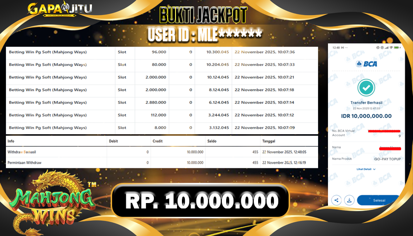 GAPAIJITU JACKPOT SLOT MAHJONG WAYS Rp.10.000.000.,- LUNAS