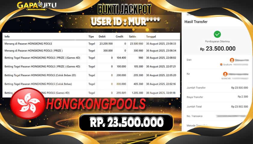 GAPAIJITU JACKPOT TOGEL HONGKONG POOLS Rp.23.500.000.,- LUNAS