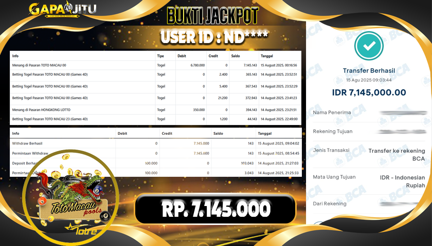 GAPAIJITU JACKPOT TOGEL TOTO MACAU Rp.7.145.000.,- LUNAS