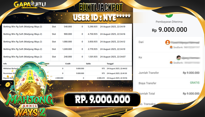GAPAIJITU JACKPOT SLOT MAHJONG WAYS 2 Rp.9.000.000.,- LUNAS