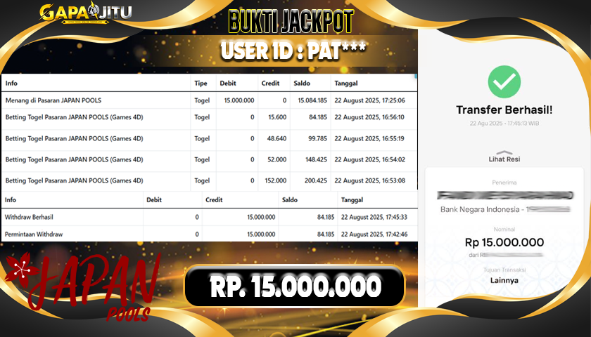 GAPAIJITU JACKPOT TOGEL JAPAN POOLS Rp.15.000.000.,- LUNAS