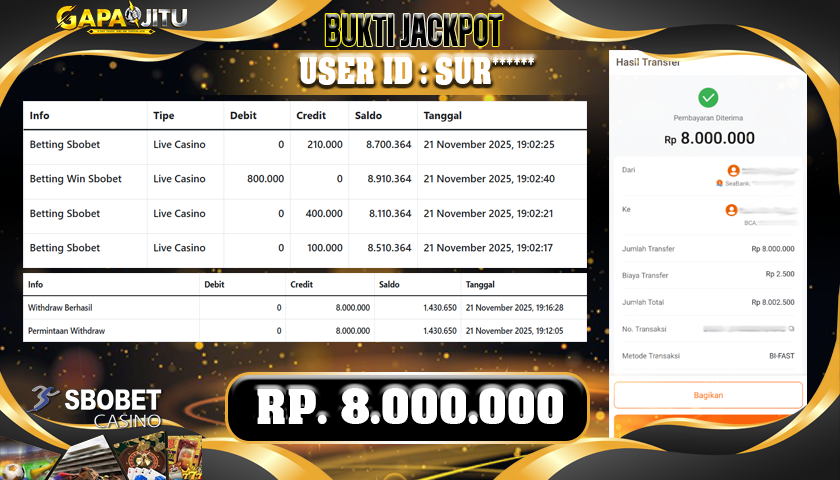 GAPAIJITU JACKPOT LIVE GAME SBOBET Rp.8.000.000.,- LUNAS
