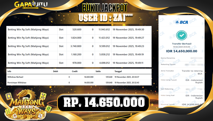 GAPAIJITU JACKPOT SLOT MAHJONG WAYS Rp.14.650.000.,- LUNAS